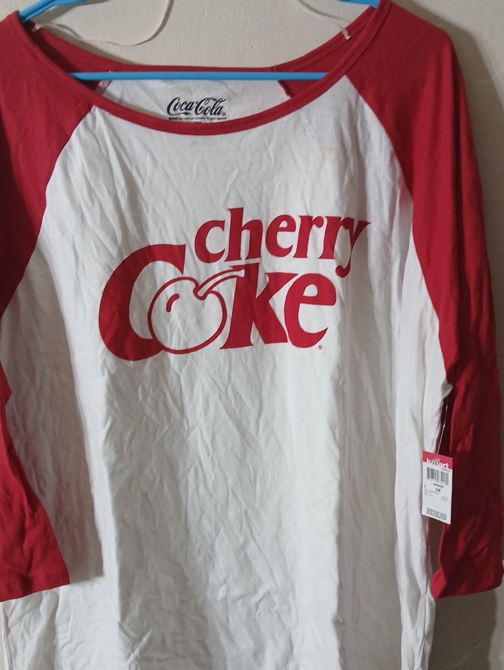 Coca Cola Cherry Coke Raglan Long Sleeve Tee - White & Red Size 3X